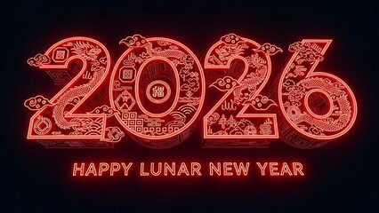 Happy Lunar New Year 2026 illuminated by vibrant red neon lights with intricate traditional Chinese cultural patterns, symbolizing prosperity and good fortune