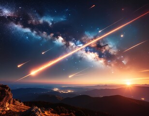 Meteor Shower Over Mountain Landscape At Sunset