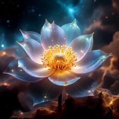 Ethereal glowing lotus flower in a starry celestial cloudscape