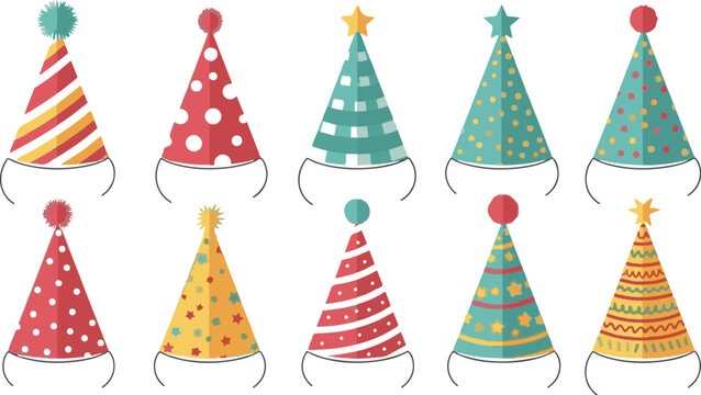 Colorful christmas tree party hats in various patterns
