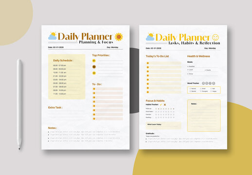 Daily Planner Template Layout With Yellow Accents