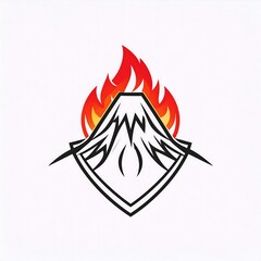 A stylized graphic depicts a volcano within a diamond shape, flames erupting from the peak