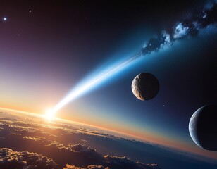 Celestial Symphony Luminous Sunrise Illuminates Distant Planets and a Streaking Comet in the Vast Cosmos