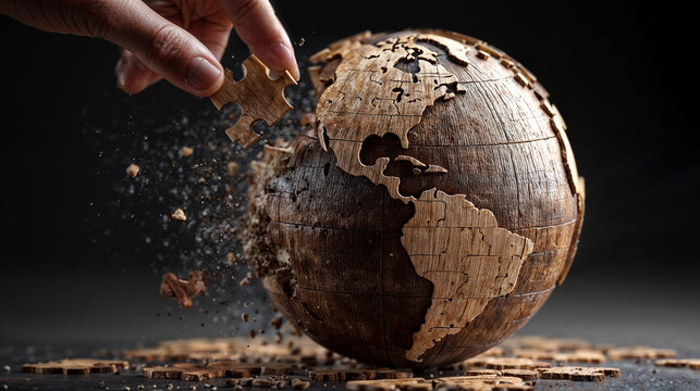 Metaphorical wooden puzzle globe with a missing piece representing global separation and political withdrawal