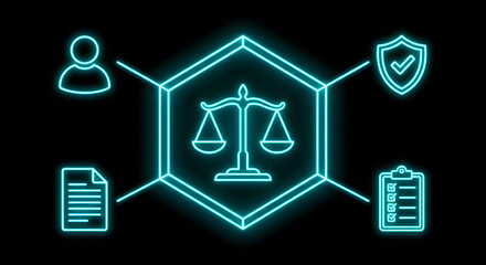 neon legal icons representing digital law and justice with glowing cyan scales of justice in hexagon frame connected to user shield document and checklist symbols on black background