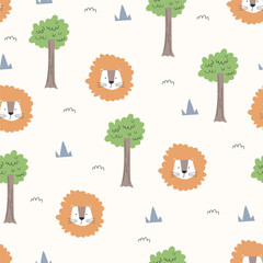 An adorable hand-drawn seamless vector pattern featuring friendly lion faces and green trees. Ideal for nursery wallpaper, baby textiles, and whimsical children's room decor.