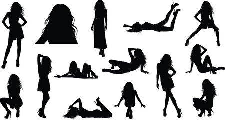WebSexy female silhouettes collection in dynamic fashion poses, glamour style, elegance, confidence, dance and modeling concept illustration set