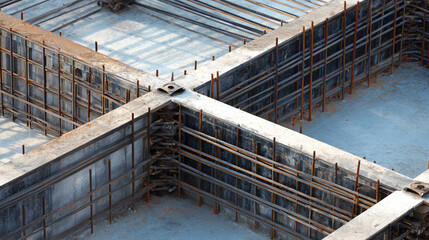 Construction site showing a complex arrangement of steel reinforcement bars and concrete forms ready for building.