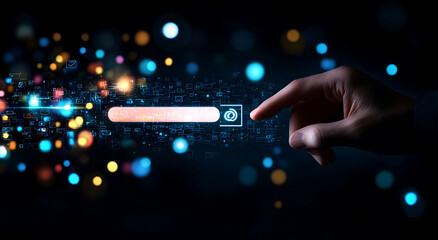Hand reaching towards glowing search bar surrounded by colorful digital elements, symbolizing technology and connectivity
