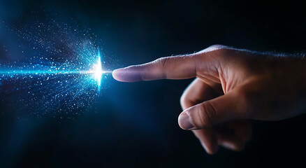 Hand reaching towards glowing star, symbolizing connection and discovery, with sparkling particles enhancing magical atmosphere