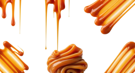 Glossy golden-brown caramel swirls and drips, viscous and freshly poured, against a transparent background with ample copy space, concept of delicious indulgence
