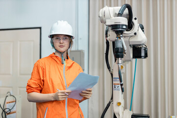 Female engineer inspecting automation system with documents in hand beside industrial robotic arm, representing modern smart manufacturing, robotics innovation and women in STEM careers.