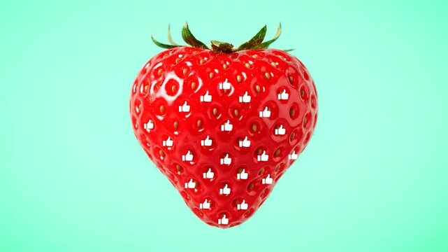A surreal, absurdly playful heart-shaped strawberry with tiny white 'Like' icons replacing seeds, exuding silliness in a vibrant digital illustration.