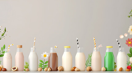 Colorful display of various plant based milk in glass bottles, showcasing diverse flavors and ingredients, evokes sense of freshness and health