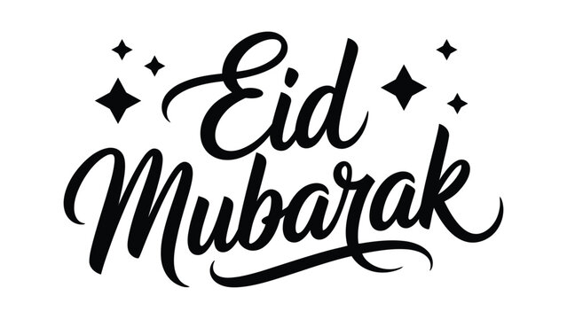 Eid mubarak hand lettering typography with decorative stars isolated on white background, elegant islamic greeting calligraphy design for eid celebration