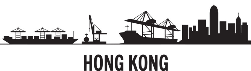 Fototapeta premium Hong kong port skyline silhouette with container ship crane and skyscraper city background icon