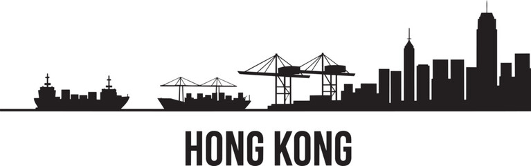 Fototapeta premium Hong kong port skyline silhouette vector with cityscape skyscrapers and maritime cargo vessels