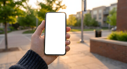 hand holding modern smartphone with blank white screen mockup in front of blurred outdoor city street during golden hour sunset for mobile app presentation and web design display