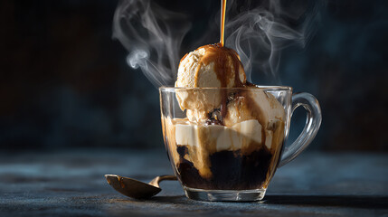 Delicious dessert featuring ice cream melting into rich coffee with a drizzle of caramel, creating a warm, inviting treat.