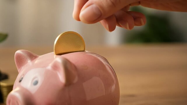 Hand dropping coin into piggy bank with plant and coins in background.