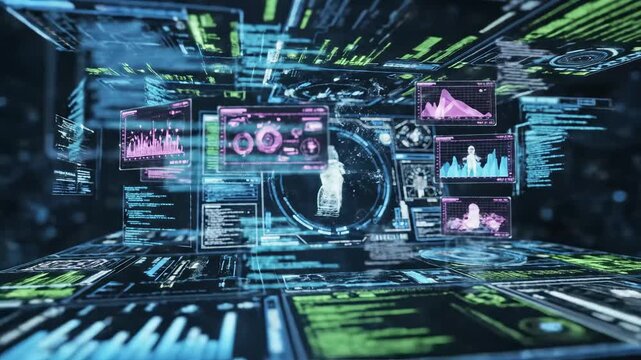 Futuristic digital interface with data visuals