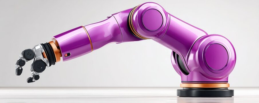 Purple robotic arm in industrial setting with black base and articulated grip - Powered by Adobe