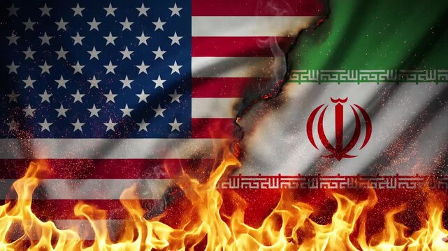 Visual Of Split Screen USA And Iran Flags With Fire Burning Below Symbolizing War Tension Conflict And Political Crisis