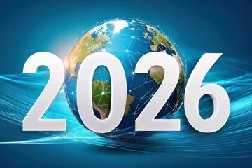 Global year 2026: white numbers surround a connected digital globe on a blue background