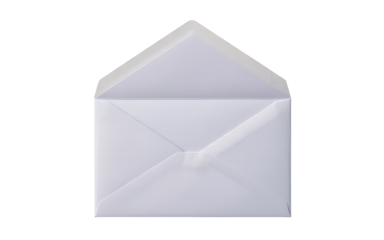 A blank clean simple white paper envelope with its top flap fully open revealing the empty interior space, isolated on transparent background