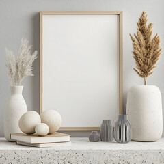 Minimalist display featuring decorative vases, natural elements, and blank frame creates serene atmosphere