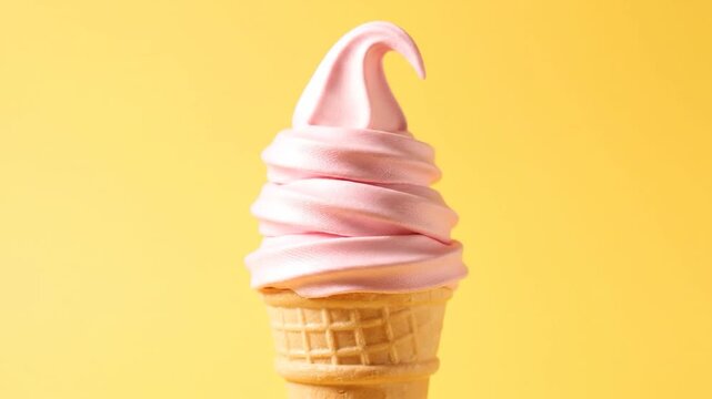 A surreal ice cream cone absurdly twisted into a satin rope swirl, embodying silliness, centered on a bright yellow background, viewed frontally.