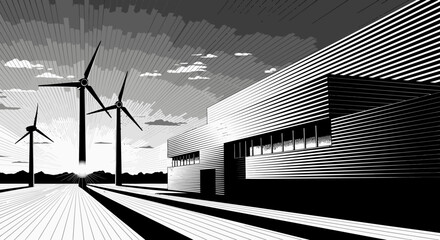 A striking black and white illustration showcases modern wind turbines generating clean energy alongside a sleek industrial building, symbolizing sustainable progress.
