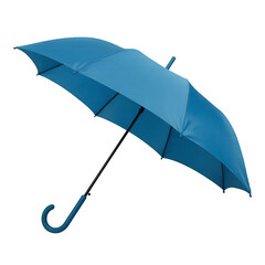 A single vibrant blue open umbrella featuring a curved handle and sturdy black shaft ready for use, isolated on transparent background