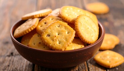 A rustic wooden bowl filled with an assortment of golden crackers