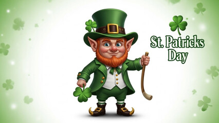 A cheerful leprechaun in a green suit and hat holding a shamrock and cane on St. Patrick's Day