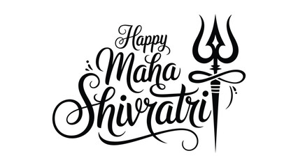 Happy maha shivratri decorative hand lettering typography with trishul symbol, elegant hindu religious festival calligraphy design isolated on white background © Zavivec