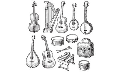 Vintage Musical Instruments Sketch Set: Guitar, Violin, Harp, Drum & Banjo for Music, Education & Design