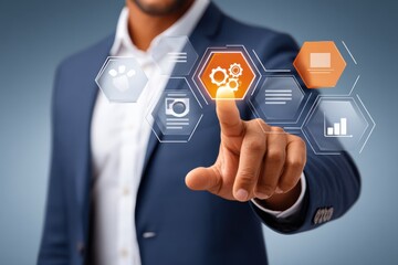 Businessman Interacts with Futuristic Digital Hologram Interface and Data Icons
