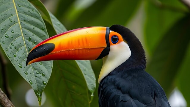 Close-up of a colorful toucan perched among lush green leaves.