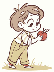 Obraz premium Cartoon Child Holding Apple with Curious Expression on Beige Background