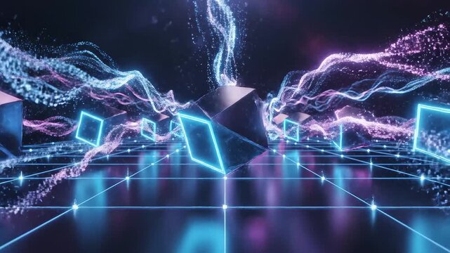 Neon cube grid in dark space