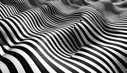Warped black and white striped pattern forming undulating optical illusion of rippling three-dimensional surface.