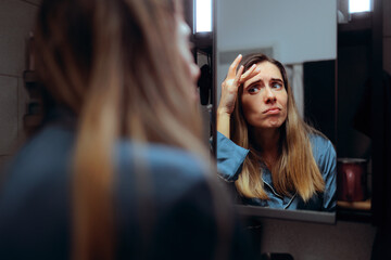 Woman Checks Her Forehead for Wrinkles in the Bathroom. Worried lady in her 40s looking for fine lines on her skin