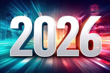 Bright futuristic 2026 numbers in a neon cityscape with dynamic light trails and energy