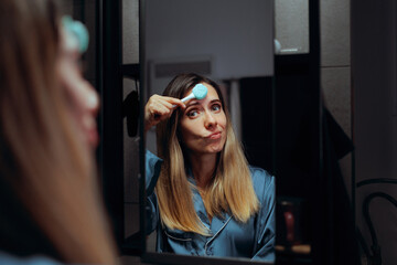 Woman Uses a Deep Cleansing Brush on Her Face. Lady cleaning her skin with a silicon tool for better scrubbing effect