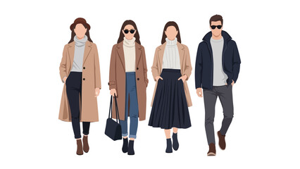 Fototapeta premium Flat vector illustration of four stylish young adults standing in a row. Mix of men and women wearing modern casual clothes.