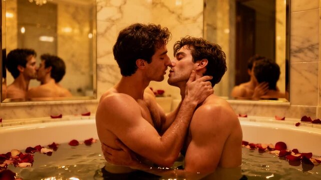 Two Men Kissing In Marble Bathtub Surrounded By Rose Petals And Warm Candlelight In A Luxurious Hotel Bathroom, Tender Embrace, Mirror Reflection, Soft Golden Lighting, Sensual ValentineS Atmosphere.