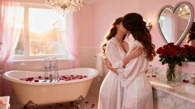 Two Caucasian Women In Robes Kissing Sunlight Filtering Through Pink Curtains, Freestanding Tub Filled With Rose Petals, Chandelier Glow, HeartShaped Mirror, Bouquet On Vanity, Tender Morning Romance.