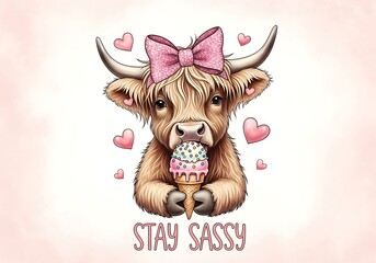 Adorable Highland Calf Wearing Pink Bow Eating Sweet Ice Cream Cone