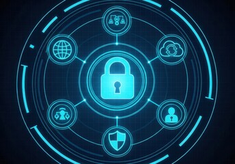 Glowing Blue Cybersecurity Network with Central Digital Lock